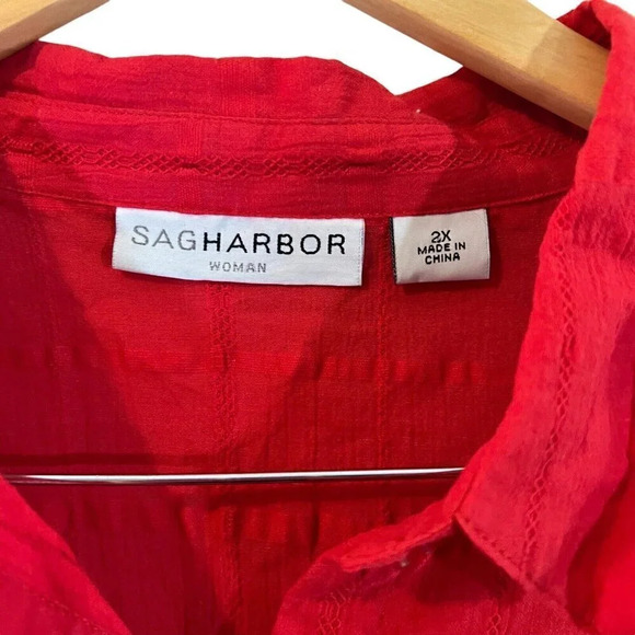Sag Harbor NEW Red Button Up Shirt Plus 2X Stitching Details Front Pocket Thin - Picture 5 of 6